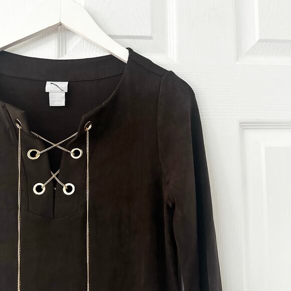 Travelers Chico's Chocolate Brown 3/4 Sleeve Slinky Tunic Top Laced Gold Chain 0 - Picture 5 of 7